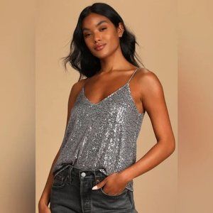 Lulus Sparkling Glimpse Grey Sequin Sleeveless Cami Top in Shiny Grey Size M